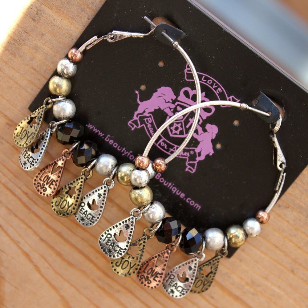 Peace Joy Love Hoop Earrings ~ Tritone - New w/Tags